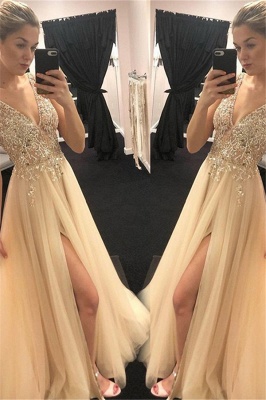 Glamorous Spaghetti Strap Sequins Crystal Prom Dresses | Tulle Side Slit Sleeveless Evening Dresses_1