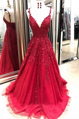 Glamorous Spaghetti Strap Applique Prom Dresses Red Tulle  Sleeveless Sexy Evening Dresses_1