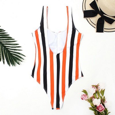 One-piece Zipper Stripes Straps Swimwear Suits_8