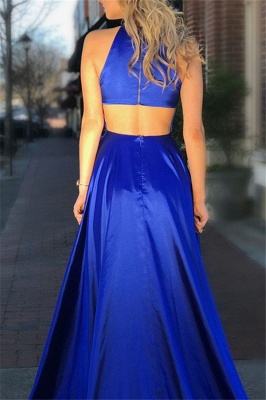 Royal Blue Halter Keyhole Side Slit Prom Dresses Sleeveless Sexy Evening Dresses with Pocket_2