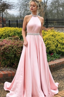 Glamorous Pink Halter Crystal Open Back Prom Dresses Sleeveless Ruffles Sexy Evening Dresses with Belt_1
