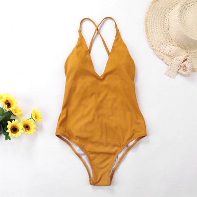 Plain Sexy V-Neck Criss-cross Bandage One-piece Swimsuits_11