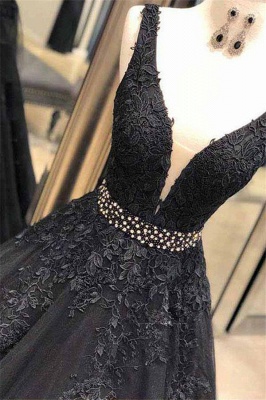 Black Lace Appliques Crystal Prom Dresses | Straps  Sleeveless Evening Dresses_2