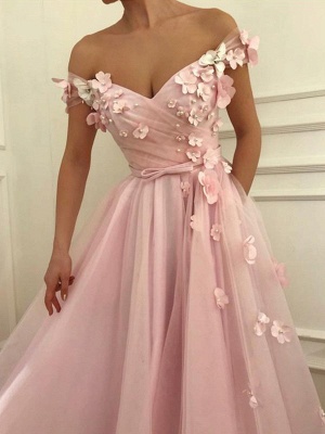 Pink Flower Off-the-Shoulder Prom Dresses Sleeveless Beads Sexy Evening Dresses with Belt_3