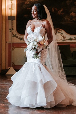 Fashion Spaghetti-Strap Appliques Wedding Dresses | Rubbons Mermaid Sleeveless Floral Bridal Gowns_1