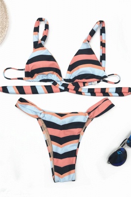 Stripes Criss-cross Triangle Bras Two-piece Bikini Swimwears_6
