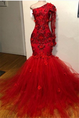 Elegant Red One-Shoulder Sleeved Appliques Trumpet Prom Dress | Suzhou UK Online Shop_1