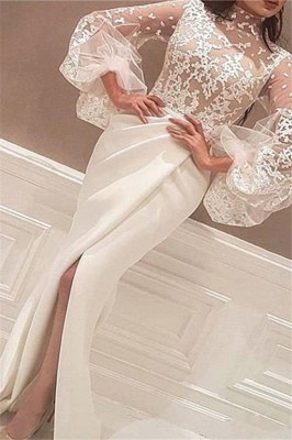 High Neck Lace Long Sleeves Prom Dresses Mermaid Ruffles Sexy Evening Dresses_2