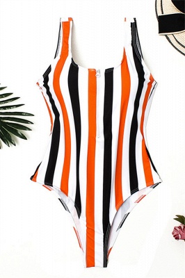 One-piece Zipper Stripes Straps Swimwear Suits_10