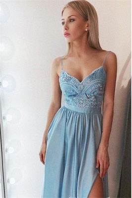 Lace Appliques Crystal Spaghetti-Strap Prom Dresses | Side slit Sleeveless Evening Dresses_1