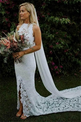 Sexy Appliques Halter Backless Mermaid Wedding Dresses | Ribbons Side slit Sleeveless Floral Bridal Gowns_1