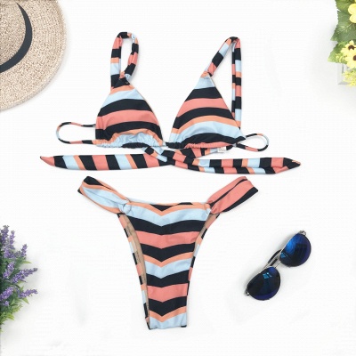 Stripes Criss-cross Triangle Bras Two-piece Bikini Swimwears_5