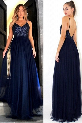 Crystal Spaghetti Strap Open Back Prom Dresses Tulle Sexy Evening Dresses with Beads_4