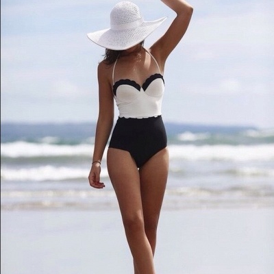 Halter One-piece Sweetheart Vintage Black White High Waist Beachwears_3