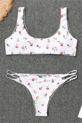 Girly Straps Flower Prints White Two-piece Bikini Swimsuits_8