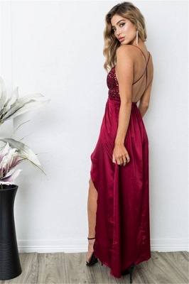 Burgundy Sequins Spaghetti Strap Prom Dresses Lace Up Sleeveless Side Slit Sexy Evening Dresses_4