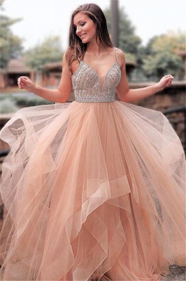 Romactic Pink Spaghetti Strap Crystal Prom Dresses Sleeveless Tulle Sexy Evening Dresses_1