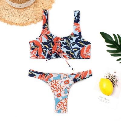 High Waist Lace-up Straps Flower Prints Bikinis_4