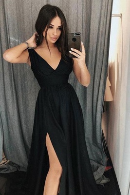 Black V-Neck Prom Dresses | Side slit Sleeveless Evening Dresses_2