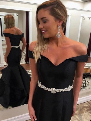 Black Off-the-Shoulder Lace Appliques Prom Dresses | Sexy Mermaid Ruffles Sleeveless Evening Dresses_2