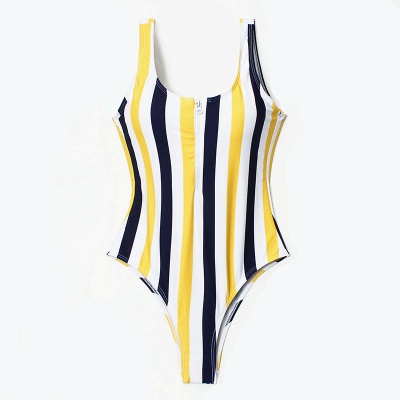One-piece Zipper Stripes Straps Swimwear Suits_6