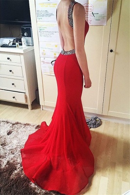 Beads Open Back Red Prom Dresses | Halter Simple Sexy Mermaid Evening Dresses_3