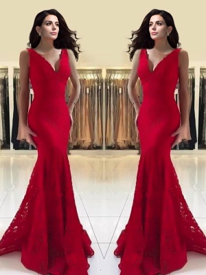 Glamorous Red Spaghetti Strap Prom Dresses | Lace Sleeveless Sexy Mermaid Evening Dresses_2