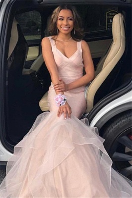 Glamorous Pink V-Neck Prom Dresses | Sexy Mermaid Falbala Tulle Sleeveless Evening Dresses_3