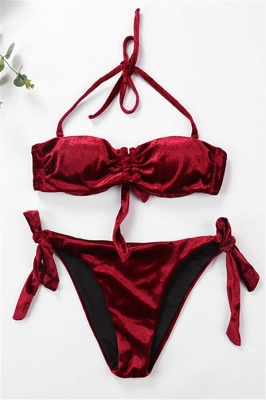 Sweetheart Strapless Bandage Velvet Two-piece Bikini Swimwears_1