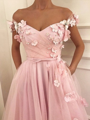 Pink Flower Off-the-Shoulder Prom Dresses Sleeveless Beads Sexy Evening Dresses with Belt_1