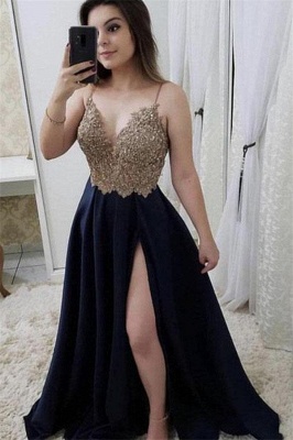 Glamorous Beads Spaghetti-Strap Lace Appliques Prom Dresses | Side slit Sleeveless Evening Dresses_2