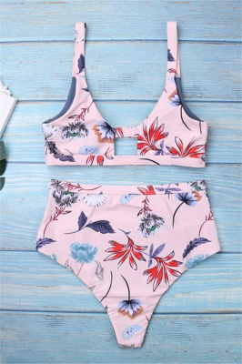 Flower Prints Pink Two-piece Lovely Bikini Swimwears_1