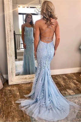 Glamorous Lace Appliques Spaghetti Strap Prom Dresses | Lace Up Sexy Mermaid Sleeveless Evening Dresses_1