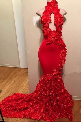 Elegant Red Halter Flower Summer Sleeveless Trumpet Prom Dress | Suzhou UK Online Shop_1