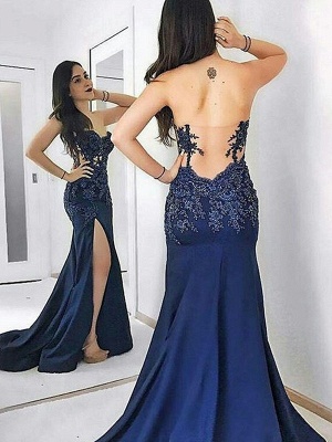 Navy Blue Sweetheart Applique Prom Dresses Mermaid Open Back Side Slit Sexy Evening Dresses_1