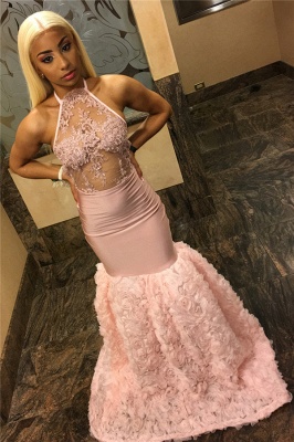 Pink Halter Lace Appliques Flower Prom Dresses | Sexy Mermaid Lace Sleeveless Evening Dresses_3