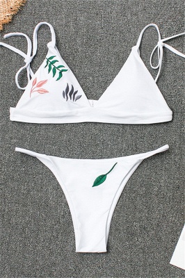 White Triangle Pads Embroidered Leaves Bikini Sets_1
