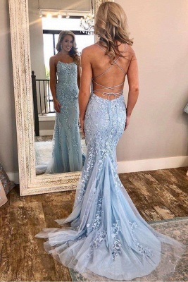 Sheer Lace Appliques Spaghetti-Strap Prom Dresses |  Sexy Mermaid Sleeveless Evening Dresses_3