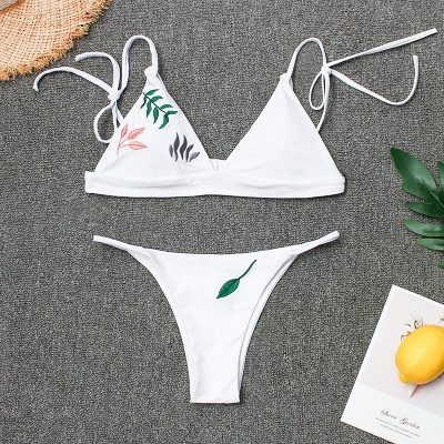 White Triangle Pads Embroidered Leaves Bikini Sets_5