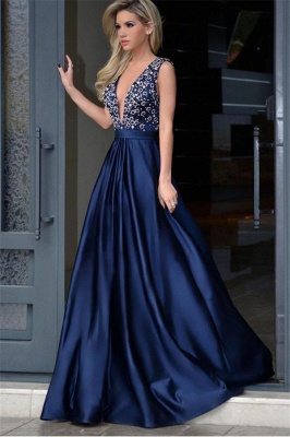 Glamorous Crystal V-Neck Lace Appliques Prom Dresses | Ribbon Sleeveless Evening Dresses_1