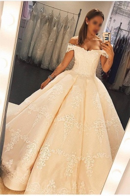 Lace Appliques Off-the-Shoulder Prom Dresses | Ruffles Ball Gown Sleeveless Evening Dresses_1