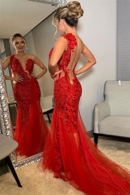 Wine Red One-Shoulder Lace Applique Trendy Backless Trumpet Tullle Prom Dresses | Suzhou UK Online Shop_2