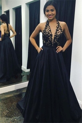 Black Applique Halter Prom Dresses Sleeveless  Sexy Evening Dresses with Pocket_1