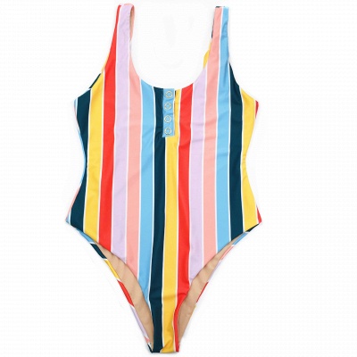 One-piece Buttons Straps Colorful Stripes Swimwears_6