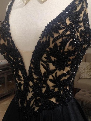 Black Lace V-Neck Sleeveless Prom Dresses | Open Back Evening Dresses with Beads_5