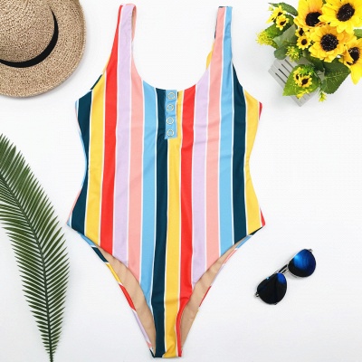 One-piece Buttons Straps Colorful Stripes Swimwears_7