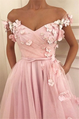 Pink Flower Off-the-Shoulder Prom Dresses Sleeveless Beads Sexy Evening Dresses with Belt_2