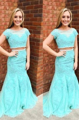 Glamorous Jewel Lace Appliques Two Piece Prom Dresses | Sexy Mermaid Sleeveless Evening Dresses_3