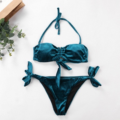 Sweetheart Strapless Bandage Velvet Two-piece Bikini Swimwears_7