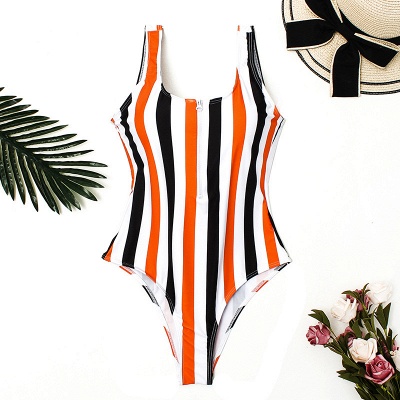 One-piece Zipper Stripes Straps Swimwear Suits_9